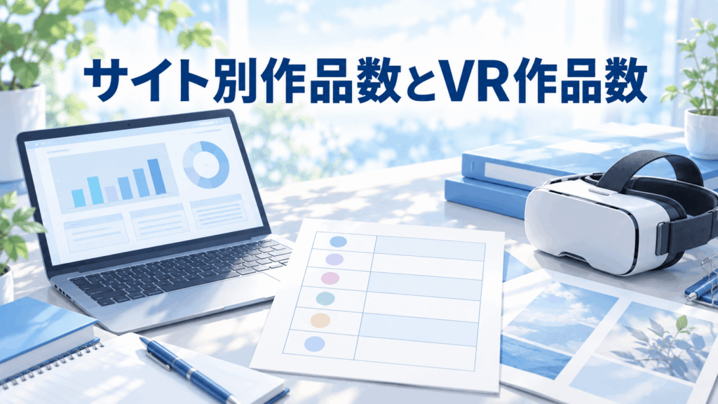 佐々木あきのサイト別作品数とVR作品数を整理するノートPCと資料表、VRヘッドセットのイラスト