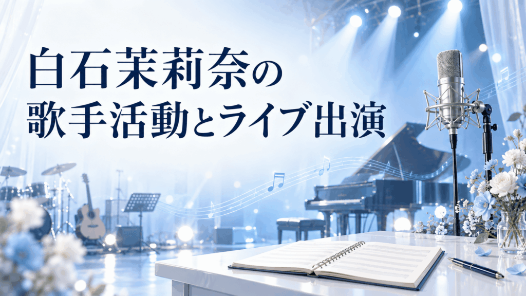 白石茉莉奈の歌手活動とライブ出演を表すマイクと楽譜、青白いステージのイラスト