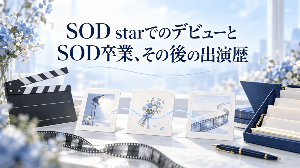 SOD starでのデビューとSOD卒業、その後の出演歴を表すカチンコと記録カードのイラスト