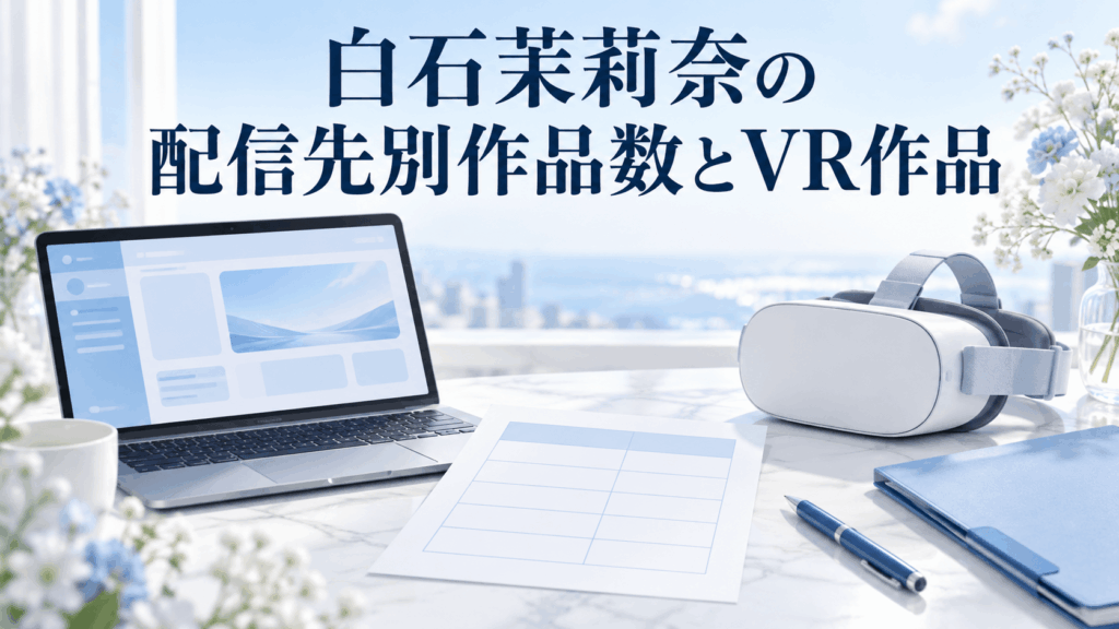 白石茉莉奈の配信先別作品数とVR作品を整理するノートPC、一覧表、VRヘッドセットのイラスト