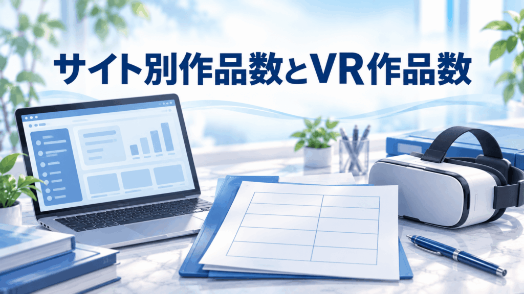 翔田千里のサイト別作品数とVR作品数を整理する資料、ノートPC、VRヘッドセットのイラスト