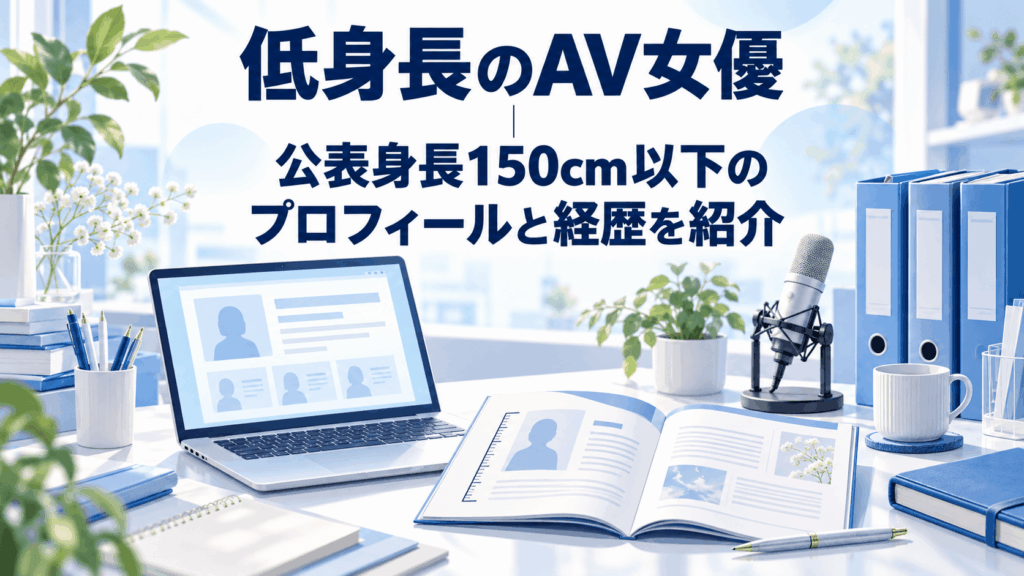 低身長のAV女優の公表身長150cm以下のプロフィールと経歴を紹介する見出しと、ノートPC・冊子・マイクのイラスト