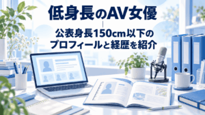 低身長のAV女優の公表身長150cm以下のプロフィールと経歴を紹介する見出しと、ノートPC・冊子・マイクのイラスト
