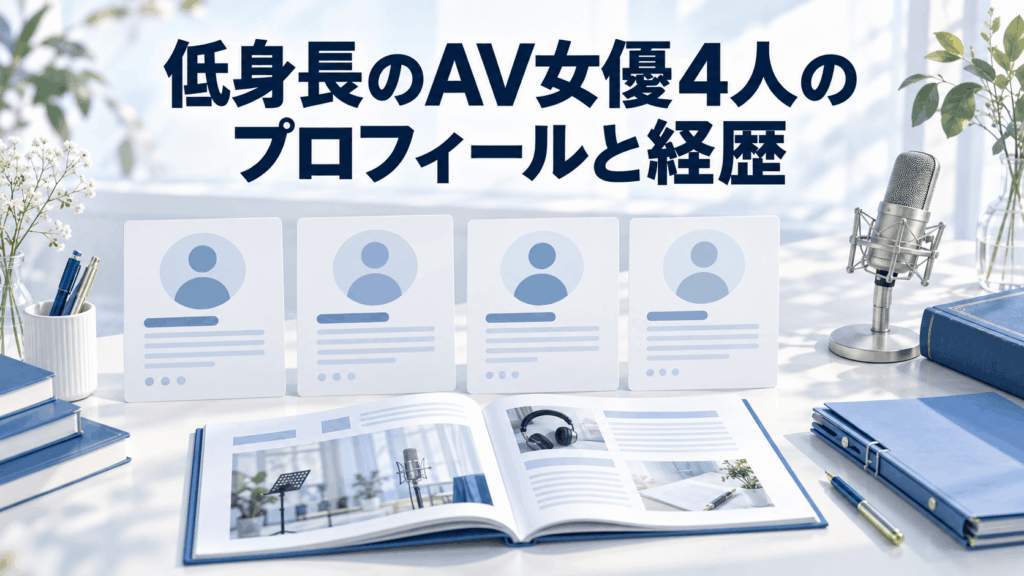 低身長のAV女優4人のプロフィールと経歴を表す紹介カード、音楽活動のマイクと冊子