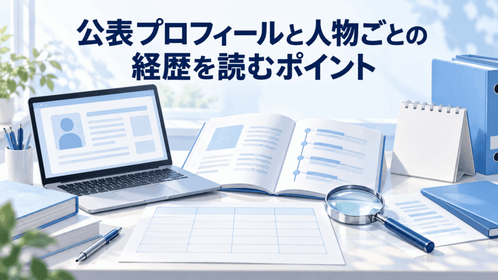 公表プロフィールと人物ごとの経歴を読むポイントを表すノートPC、経歴の冊子と虫眼鏡