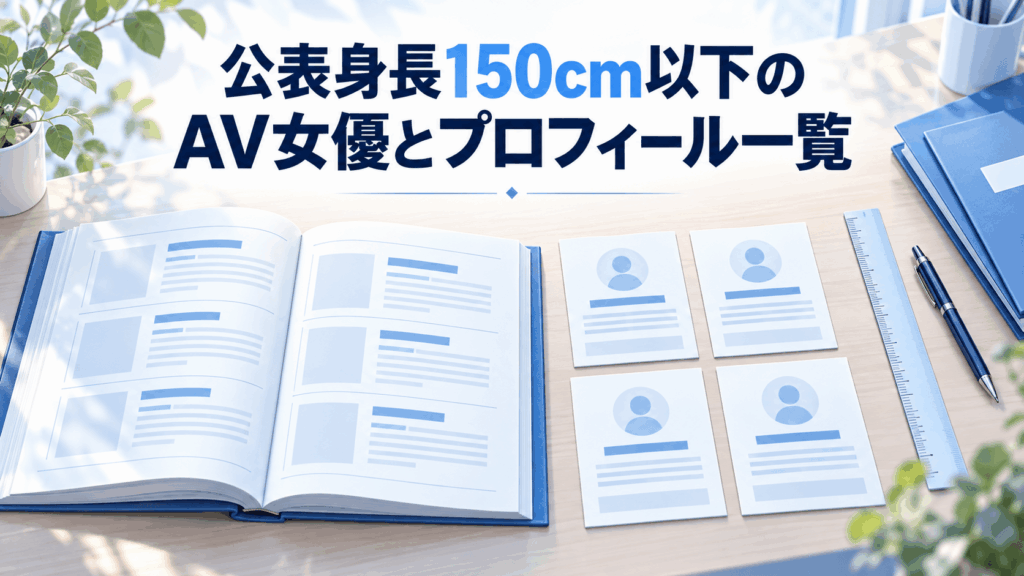 公表身長150cm以下のAV女優とプロフィール一覧を表す4枚の紹介カードと冊子、定規