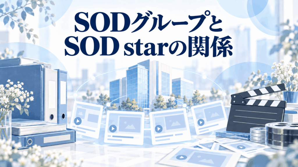 SODグループとSOD starの関係をイメージした社屋・資料フォルダー・カチンコのイラスト