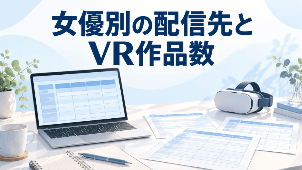 女優別の配信先とVR作品数を整理するノートPC・作品数一覧表・VRヘッドセットのイラスト