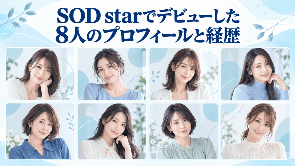 SOD starでデビューした8人のプロフィールと経歴を紹介する見出しと架空の成人女性8人のイラストカード