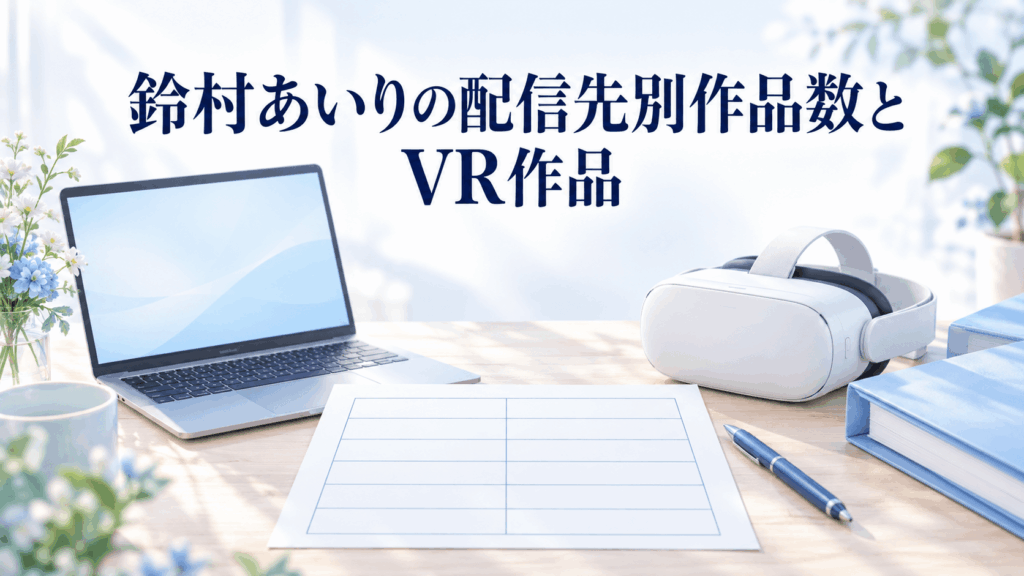 ノートPCや作品数整理用の表、VRヘッドセットを配置した鈴村あいりの配信情報の紹介イメージ