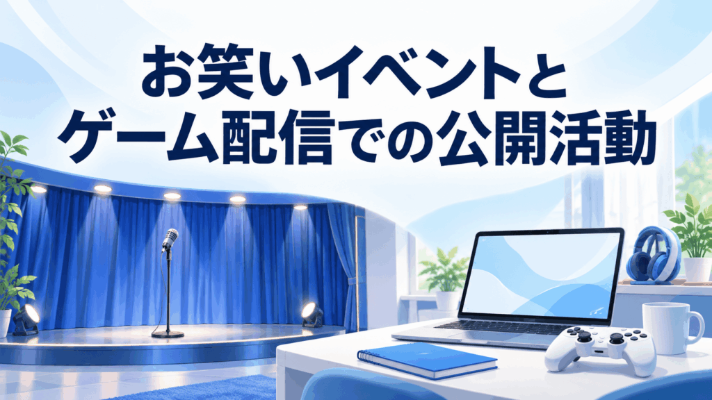 お笑いイベントとゲーム配信での公開活動を表す舞台のマイク、ノートPC、ゲームコントローラーのイラスト