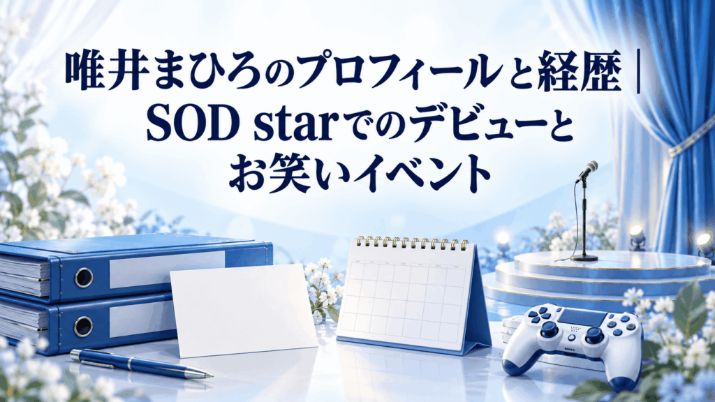 唯井まひろのプロフィールと経歴、SOD starでのデビューとお笑いイベントを紹介する青白のイラスト