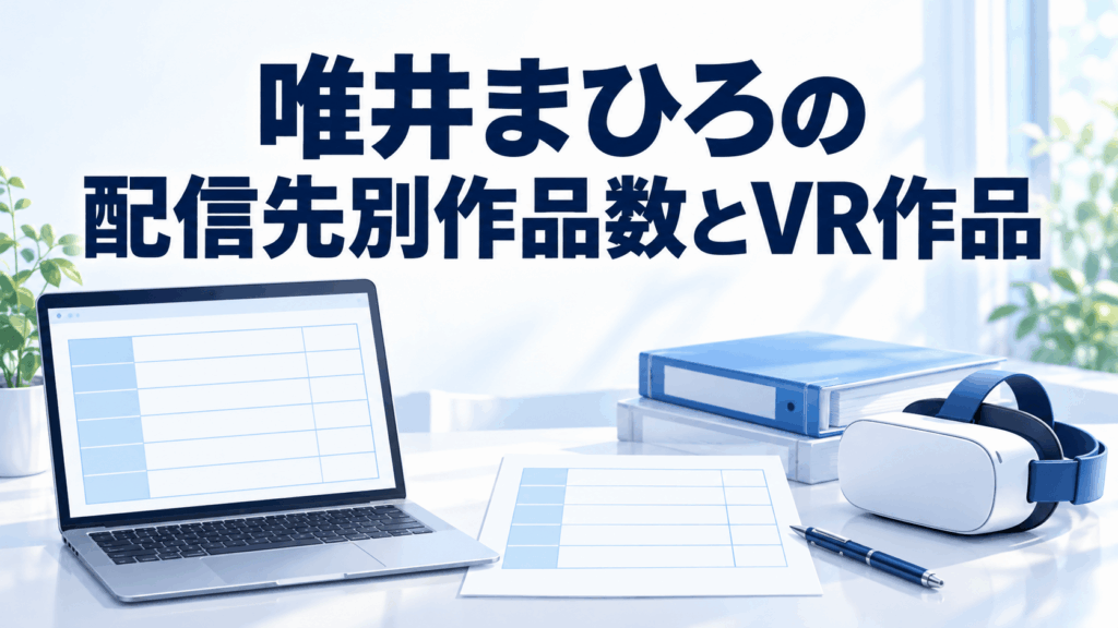 唯井まひろの配信先別作品数とVR作品を整理するノートPC、作品数表、VRヘッドセットのイラスト