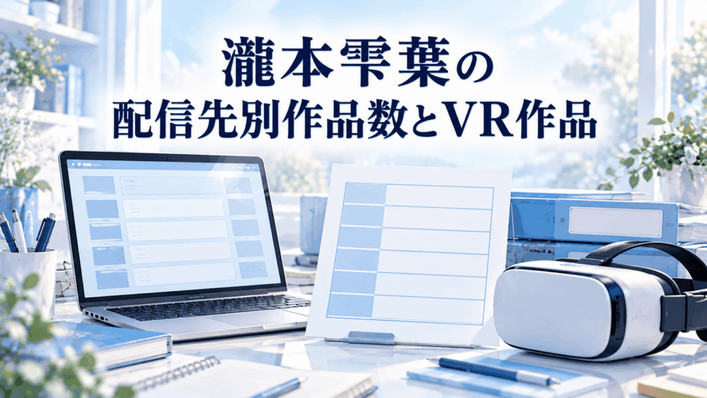瀧本雫葉の配信先別作品数とVR作品を整理する資料、ノートPC、VRヘッドセットの画像