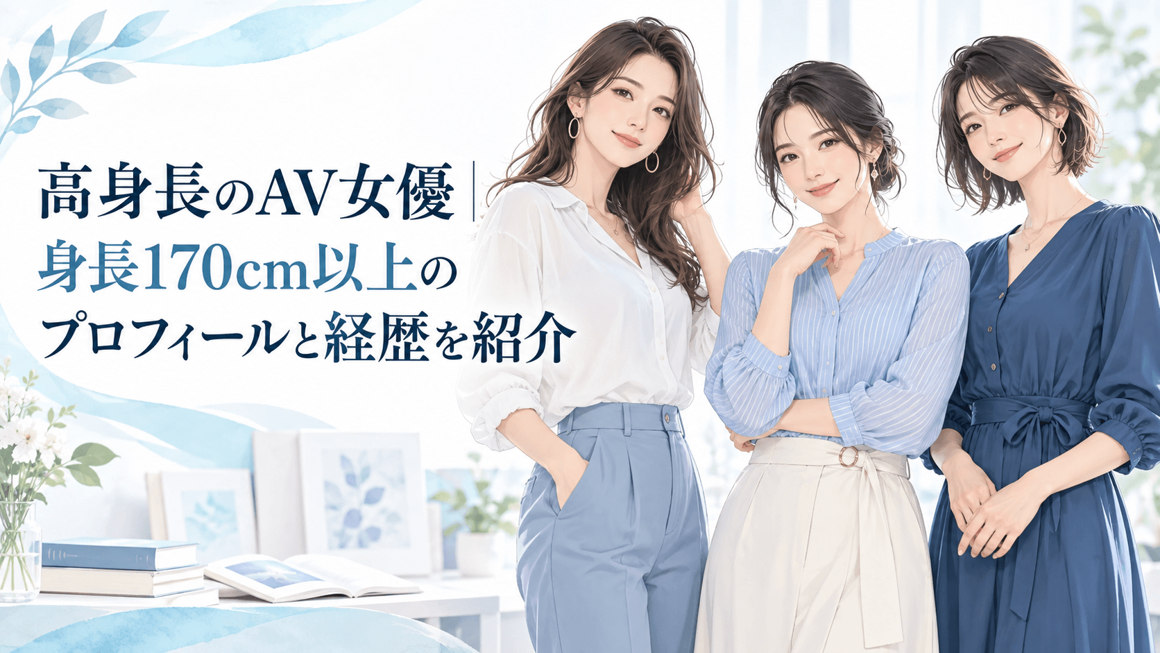 高身長のAV女優を紹介する記事のアイキャッチ。成人女性3人のイラストと身長170cm以上のプロフィール・経歴を案内する見出し