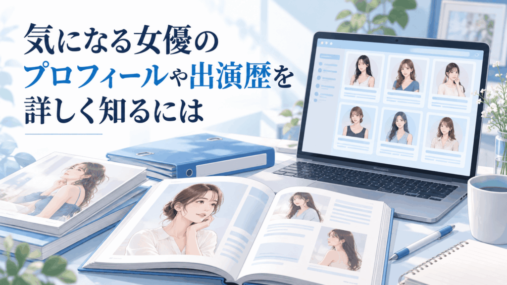 気になる女優のプロフィールや出演歴を詳しく調べるノートPCと冊子、青い資料ファイル