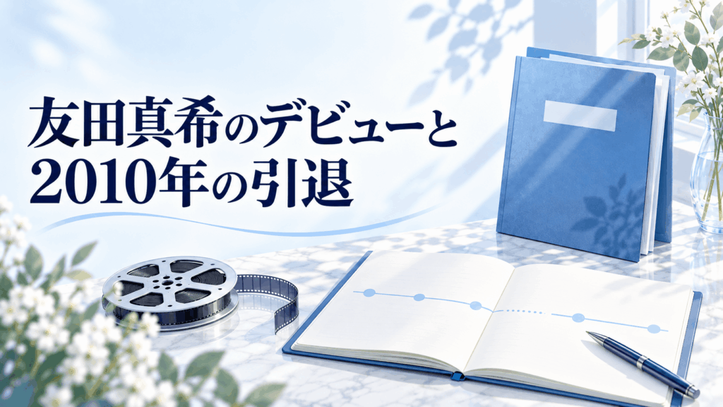 友田真希のデビューと2010年の引退を、経歴ノートとフィルムリールで表現したイラスト