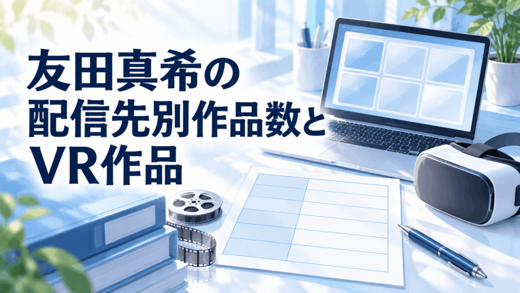 友田真希の配信先別作品数とVR作品を、6項目の資料とVRヘッドセットで整理したイラスト