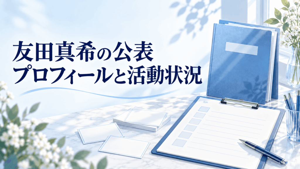 友田真希の公表プロフィールと活動状況を整理する青い資料ファイルとクリップボードのイラスト