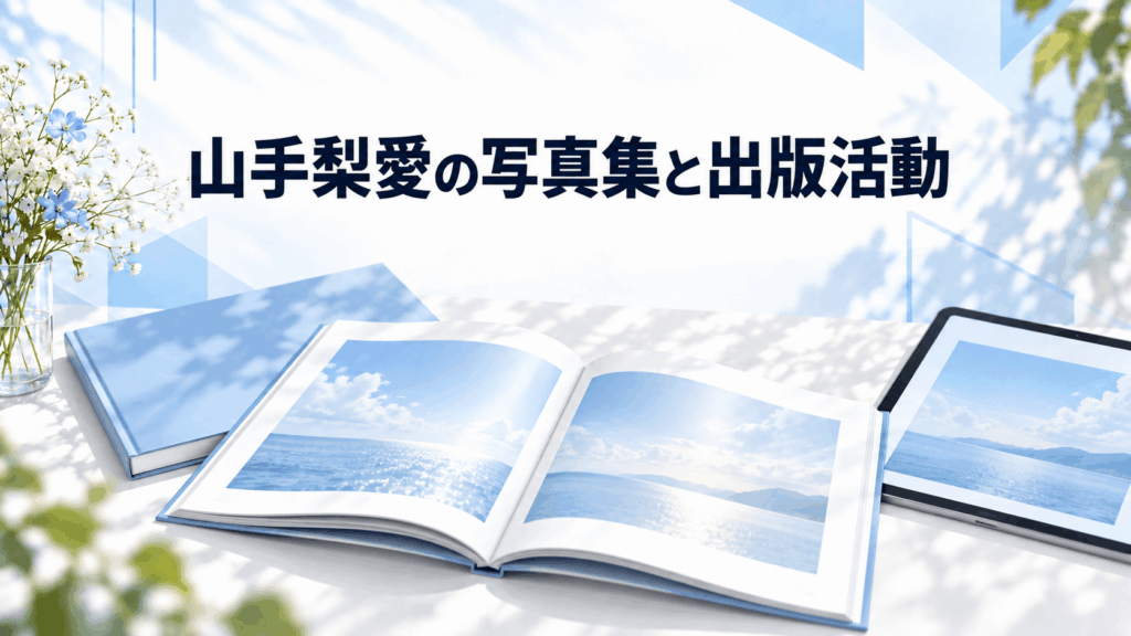 山手梨愛の写真集と出版活動を表す、紙の写真集とタブレットのイラスト