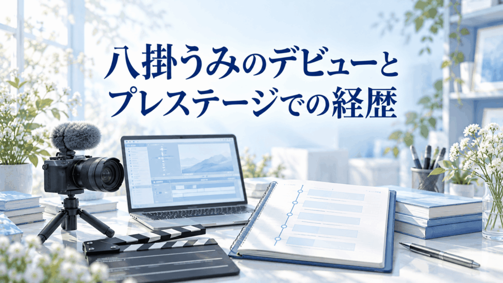 八掛うみのデビューとプレステージでの経歴を紹介する画像。撮影カメラ、ノートPC、カチンコ、経歴ノートを配置した編集デスク