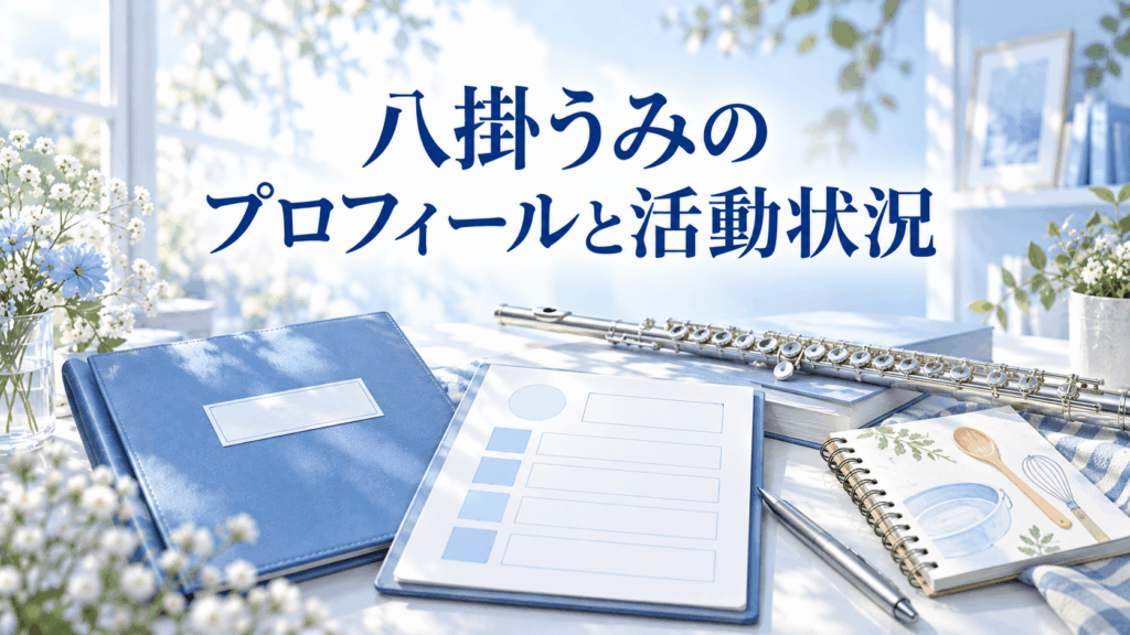 八掛うみのプロフィールと活動状況を紹介する画像。青いプロフィールファイル、無地のプロフィールカード、レシピノートとフルート
