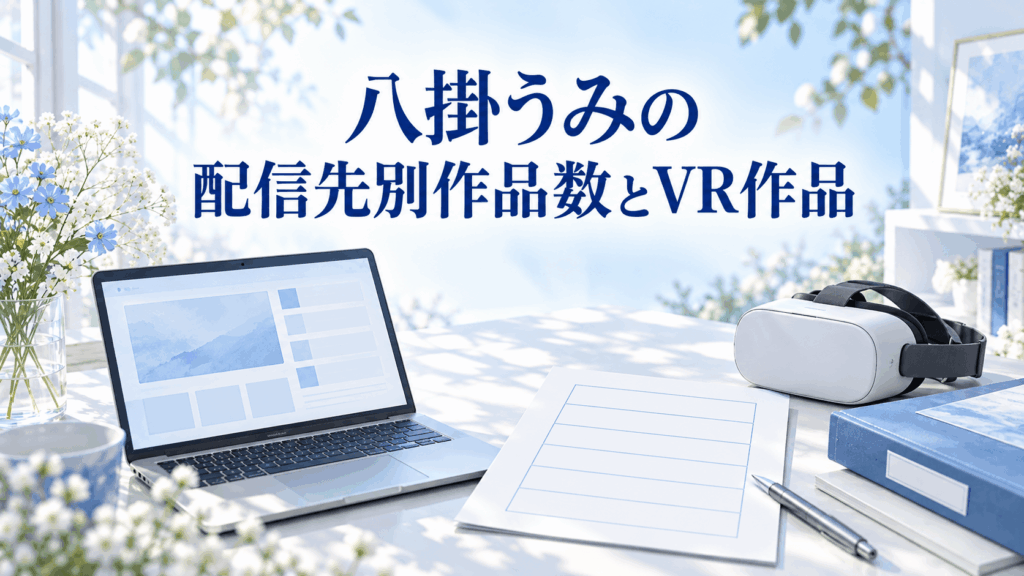 八掛うみの配信先別作品数とVR作品を紹介する画像。ノートPC、6項目の作品数表、VRヘッドセットと青い資料ファイル